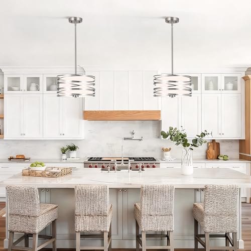 ACNKTZ 12.6'' Brushed Nickel Drum Chandelier, 3-Lights Hanging Dining Room Light Fixtures Over Table, Simple Round Pendant Lighting for Kitchen Island Hallway Bedroom Foyer Bathroom Office - color: Brushed Nickel, size: 12.6"/3-Light