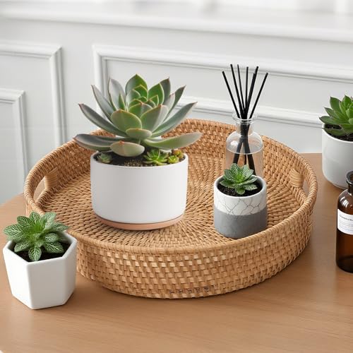 Round Rattan Serving Tray with Handles, Natural Wicker Decorative Tray for Serving, Fruit/Bread Serving Basket, Round Woven Tray，13.8inch+11.8inch, Gift Idea Choice (M+L) - size: 13.8"+11.8"
