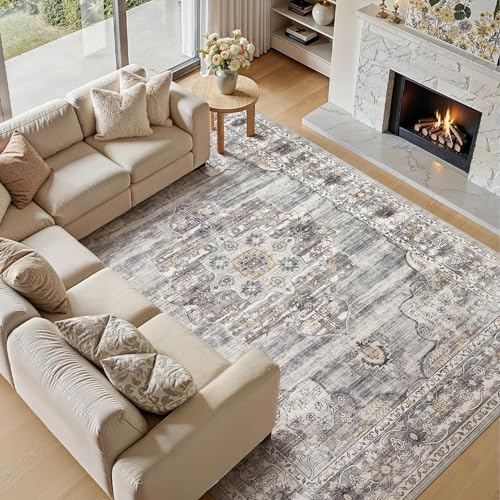 Washable 5x7 Area Rug for Living Room - Ultra Soft Vintage Carpet with Non-Slip Backing, Stain Resistant Low-Pile Indoor Rug for Bedroom & Home Office, Kid & Pet Friendly- Grey - color: Grey, size: 5' x 7' (Rectangular)