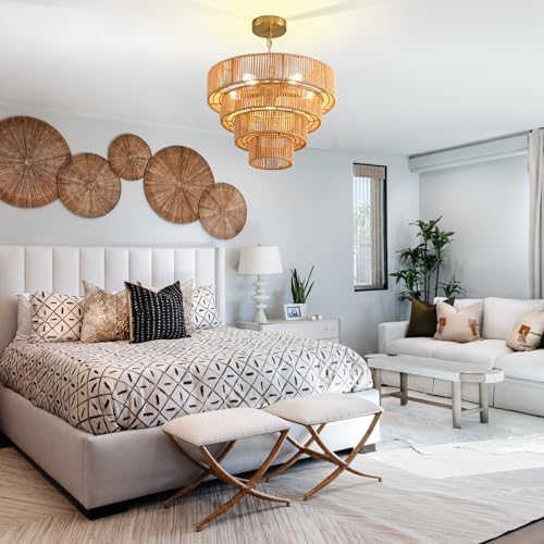 Boho Pendant Light Fixtures,15.7" Rattan Hanging Lamp for Kitchen Island,5-Light Hand-Woven Chandelier Height Adjustable,Natural Wicker Lamps for Dining Room Living Room Bedroom Hallway Entryway,Brown - color: 15.7" Brown
