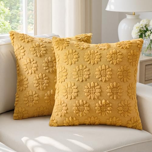 EMEMA Yellow Floral Tufted Throw Pillow Covers, Set of 2 Soft Textured Decorative 18x18 Cushion Cases Bringing a Light, Cozy Layer to Sofa, Couch, Bedroom or Modern Farmhouse Living Room Décor - color: Mustard Yellow-little Flower, size: 18" x 18" (Pack o
