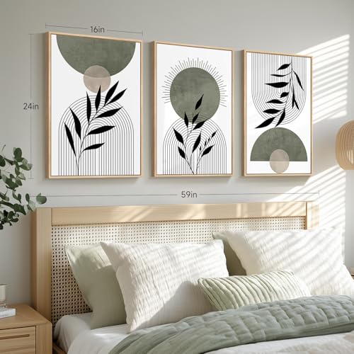 Framed Boho Sage Green Wall Art for Living Room, 3 Piece Large Abstract Botanical Canvas Artwork Decor, Beige White Sun Moon Geometric Leaf Painting Prints for Bedroom Dining Room Office 16x24 Inch - color: Green Black, size: 24" H x 16" W x 3Pcs