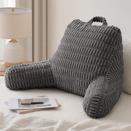 Blissful Diary Reading Pillow, Large Backrest Pillow with Shredded Memory Foam for Adult & Children, Designed for Bed and Couch Sitting Up, Includes Arms, Pockets and Washable Cover, Dark Gray - color: Textured Dark Gray, size: Large(20inch)