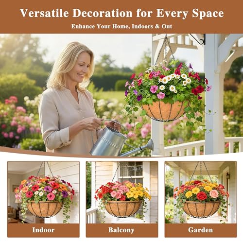 4 Pack Hanging Planter for Outdoor Plants 12 inch Metal Hanging Flower Basket with Coco Coir Liner Round Wire Plant Holder Chain Flower Pots Outdoor Garden Decoration Watering Hanging Baskets(XG) - size: 12" x 4 Pack, style: Watermelon