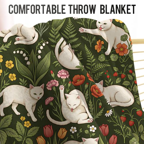 Levens Cat Floral Flannel Throw Blanket 50x60 | Ultra Soft Cozy Fleece | Vintage Botanical Cute Kitty Design for Aesthetic Room Décor Couch Bed Dorm Office Car Nap|Cottagecore Gift for Cat Lovers - color: Green, White, size: 50"x60"