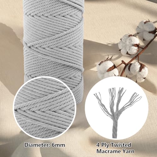 Macrame Cotton Cord 6mm x 109 Yards, ZUEXT 100% Natural Handmade Colorful 4 Strands Twisted Braided Cotton Rope for Wall Hanging Plant Hangers Gift Wrapping Tapestry DIY Crafts (100m, Light Grey) - color: Light Grey, style: 6mm x 100m