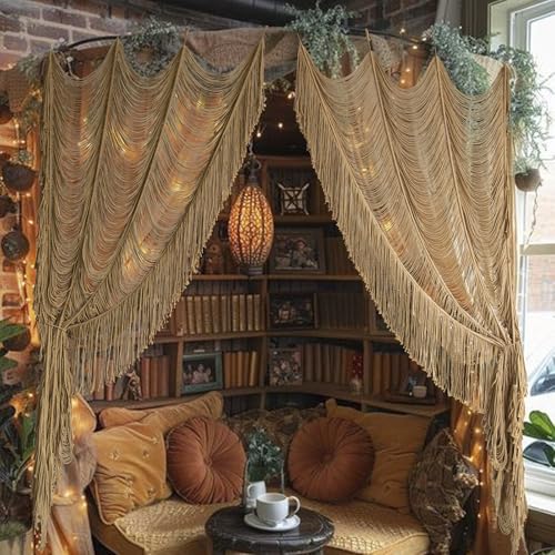 Flber 2 Panels Macrame Curtains Brown 59" W x 75" H Light Filtering Window Curtains Semi Sheer Drapes Room Divider Door Curtain, Wedding Backdrop Soft Neutral Window Treatment for Living Room Bedroom - color: Khaki *2