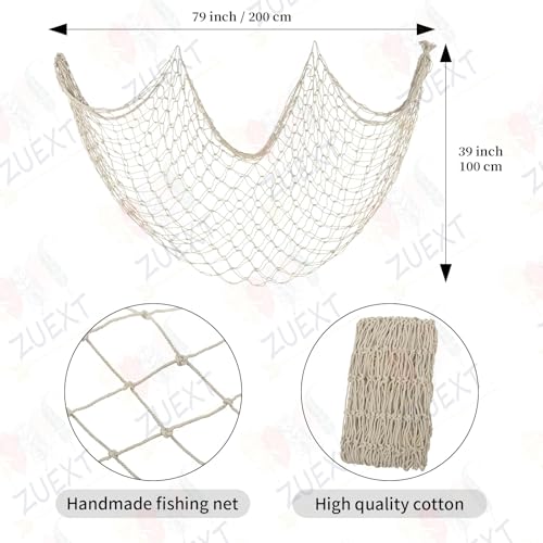 ZUEXT Beige Decorative Fishing Net 80x40 Inch, Large Picture Fish Net, Wall Photo Hanging Fishnet for Nautical Mermaid Pirate Ocean Themed Hawaii Beach Under the Sea Party Decorations - color: Beige White, size: 80" x 40" - 1 Pack