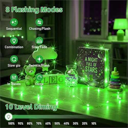 8 Pack Rechargeable LED Fairy Lights 7Ft 20LED Battery Operated with Remote, DIY Timer & 8 Modes, Mini Twinkle String Lights for Indoor Christmas Wedding Mason Jar Bedroom Party Table (Green) - color: Green