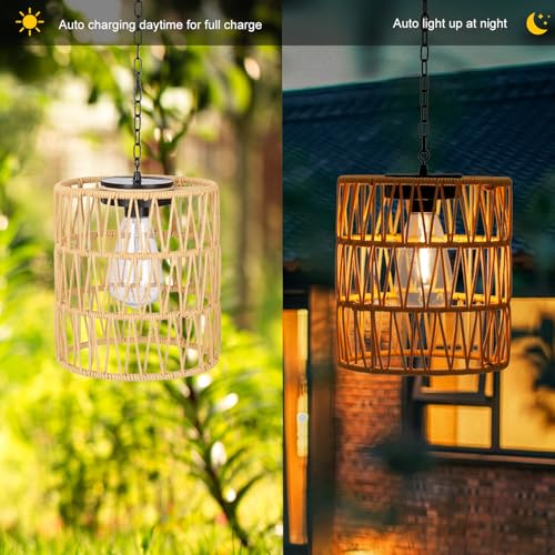 Livinlarge Solar Chandelier Lantern,Outdoor Rattan Pendant Lights,Waterproof Boho Hanging Lamps with Edison Bulb for Gazebo Tree Porch Yard Porch Patio Garden Backyard Decor - style: Solar Chandelier Lantern