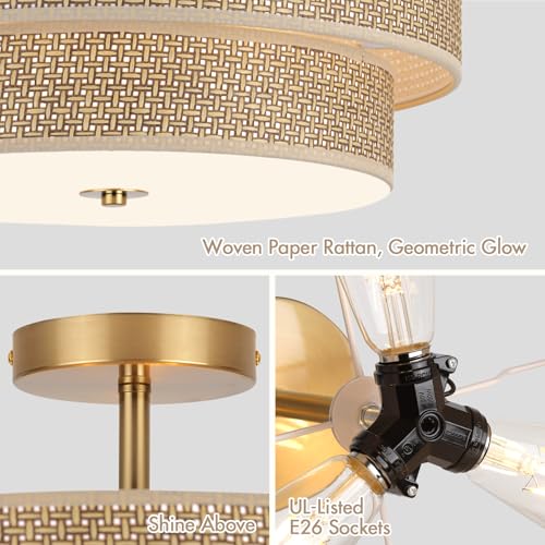 16 Inch Woven Rattan Linen Semi Flush Mount Ceiling Light Fixture, Modern Boho Drum Lamp for Bedroom, Kitchen, Dining Room, Living Room, Hallway, Entryway, Farmhouse Gold Wicker Chandelier - color: Brown