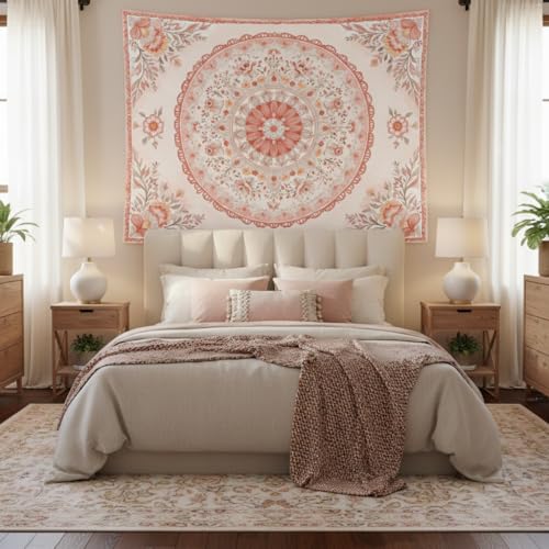 Motanber Pink Mandala Tapestry Wall Hanging Boho Floral Tapestry Aesthetic Watercolor Flower Medallion Cute Small Tapestries for Bedroom Living Room Dorm Decor 60 x 44 Inch - color: Peach Pink, size: 60"L x 44"W