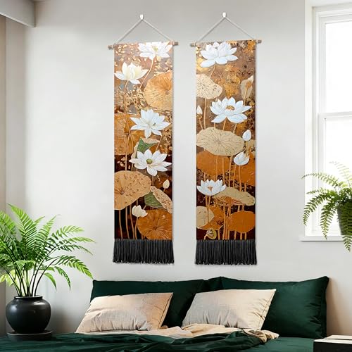 seewan 2 Pack Long Vertical Wall Tapestry, Boho Nature Landscape & Floral Aesthetic Wall Hanging for Bedroom Living Room Home Decor, Long Narrow Art Tapestry with Sunrise Mountain Botanical Designs, 13" × 51" (Autumn Leaf Pattern, 13"Wx51"H, Unframed) - c