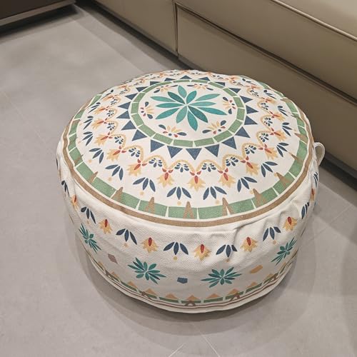 MOCOFO Round Bohemian Ottoman Pouf Cover, 18 Inch, Cotton Blend, Church Window Print, Living Room Storage Footrest, Cover Only (Green Diamond) - color: Green Diamond