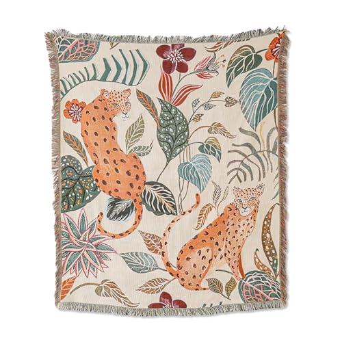LumiSyne Double-Sided Cotton Woven Throw Blanket with Tassel Jungle Bohemian Style Tapestry Shawl Multi-Function Decorative Throws for Sofa Bed Armchair Camping Blanket Tablecloth Carpet 160x130cm - color: Searching for Leopards