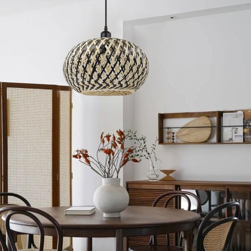 Island Pendant Light Black Natural Hand-Woven Bamboo Pendant Lights 1-Light Boho Light Fixtures Farmhouse Rustic Hanging Lamp for Living Room Dining Room Bedroom - color: Black Rattan, 1-Light