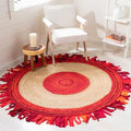 SAFAVIEH Cape Cod Collection 4' Round Red / Natural CAP701Q Handmade Boho Fringe Jute & Cotton Area Rug - color: Red/Natural, size: 4' (Round)