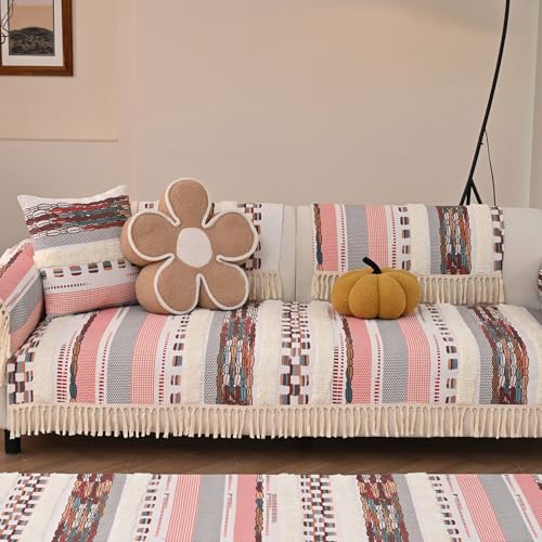 VClife Dog Boho Couch Cover, Washable Furniture Protector, 35.4 x 35.4 in | Tufted Tassel Sofa Cover, Non Slip Woven Geometric Sofa Slipcover, Multi-Size Universal Throw Cover For Couch, Pet Friendly - color: 02# Pink Grid, size: 35.4" x 35.4"