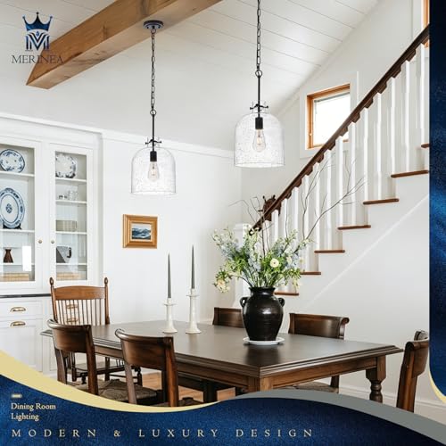 Farmhouse Black Pendant Light – 10" Seeded Glass Dome Hanging Lighting, Hand-Blown Bubble Glass Shade, 1-Light E26 Pendant Lights for Kitchen Island, Dining Room, Hallway - color: Black-Medium Seeded Glass