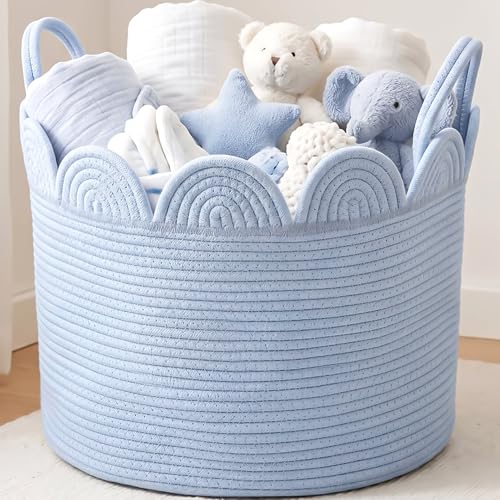 LemonRoad Blue Round Basket Large Blanket Basket 15.8" L X 15.8" W X 13.8" H Scalloped Woven Baskets Cotton Storage Baskets for Nursery Classroom Closet Blankets Storage Home Decor - color: Blue, size: 15.8" L X 15.8" W X13.8" H