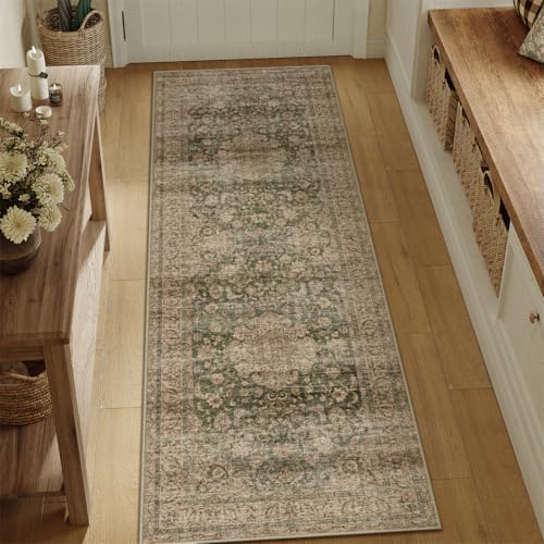 2x6 Washable Runner Rug Green Brown Vintage Non Slip Soft Low Pile Hallway Kitchen Rug Distressed Oriental Carpet for Laundry Bathroom Bedroom Living Room Home Decor - color: Green/Brown, size: 2' x 6' (Runner)
