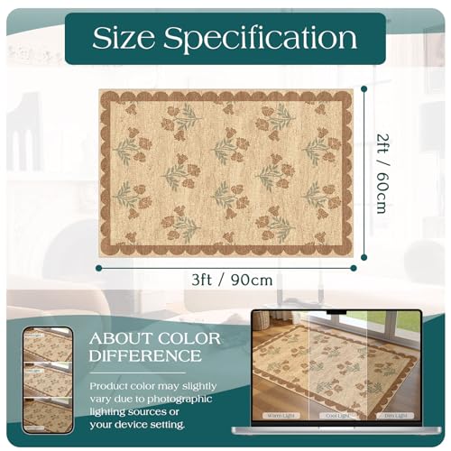 Front Door Mat Outside Entrance - 2x3 Floral Non-Slip Washable Doormat Indoor Outdoor Mat Jute-Look Farmhouse Tan Scalloped Entry Rug Small Throw Rugs for Entryway Kitchen Front Porch Decor - color: Flower - Wheat/Tan/Sage, size: 2' x 3' (Rectangular)