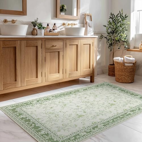Small Green Rugs 2x3 Sage Green Kitchen for Entryway, Soft Washable Floral Sketch Printed Non-Slip Kitchen Mat, Low-Pile Indoor Bathroom Farmhouse Carpet for Entrance Cottage Boho Farmhouse - color: Sketch Floral Sage Green, size: 2' x 3' (Rectangular)