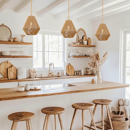 LynPon 12“ Boho Rattan Pendant Light with Rod Hanging, Natural Handwoven Boho Hanging Lamp, Rustic Farmhouse Rattan Chandelier for Dining Room Kitchen Island Bedroom Hallway Foyer Bathroom - color: 12" Wood Tone