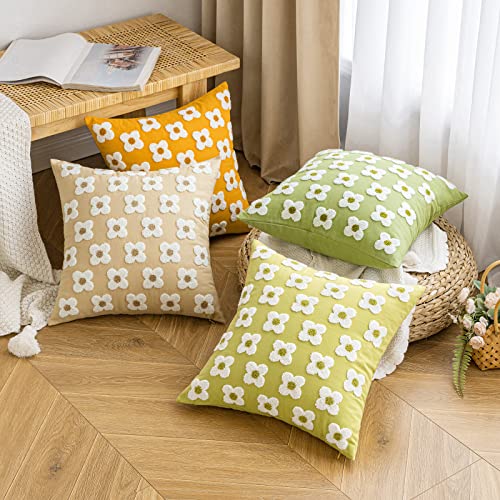 EMEMA Decorative Throw Pillow Covers Daisy Sun Flower Jacquard Pillowcase Cushion Case Square for Couch Sofa Bed Living Room Bedroom Set of 2, 18x18 Inch, Khaki - color: A-khaki, size: 18" x 18" (Pack of 2)