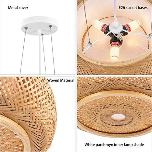 Hand-Woven Bamboo Pendant Light, Lantern Lamp Rattan Single Light Weaving Natural Wooden Ceiling Hanging Fixture with Adjustable Cord for Kitchen Dining Room Restaurant Farmhouse - color: Dome,Style 8,15.75inch