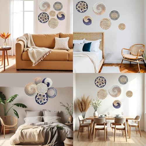 Laquedecraft Boho Round Handmade Wall Basket Decor | Woven Seagrass Rattan Wicker Wall Decor Hanging Rustic Flat Elegant Wall Art for Farmhouse Living Rooms Bedrooms Display Table Settings Kitchen Home (Bohemian, 6) - size: Set of 6, style: Bohemian