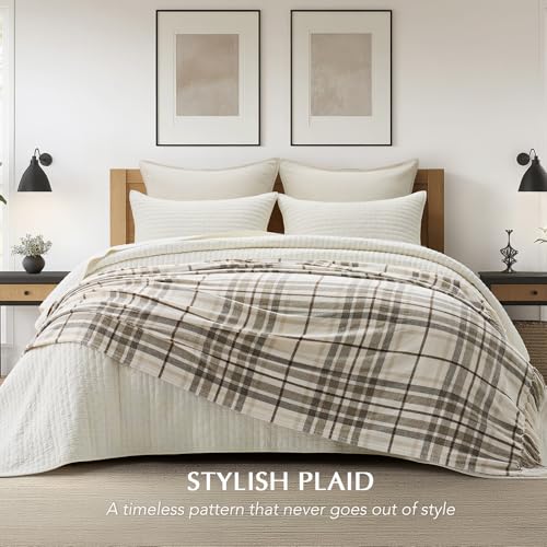 EverGrace Plaid Chenille Bed Blanket Queen Size for Bed, Super Soft Cozy Decorative Farmhouse Plaid Throw with Tassels, Lightweight Chenille Knit Throw for Couch Sofa Gift Home Decor, Beige 90"x90" - color: Plaid Beige & White, size: 90"x90"