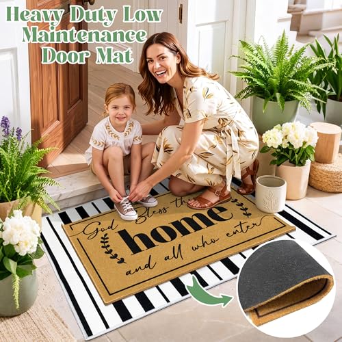 2 Pcs Coir Door Mat Welcome Mats for Front Door Black White Striped Layering Rug for Porch Outdoor Entrance Doormats Non Slip God Bless Matt for Religious Gifts Christian Rugs for Patio 23.6"x35.4" - color: 2 Pcs Coir Home
