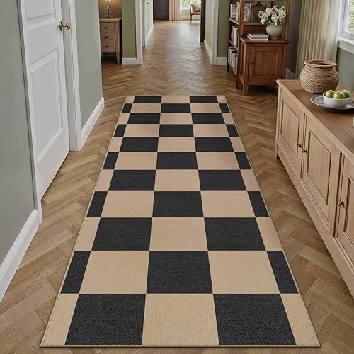 PureCozy 2x8 Checkered Easy Jute Runner Rug Kitchen Rug Non Slip Washable Outdoor Runner for Entryway Indoor, Checkerboard Black Indoor Outdoor Carpet for Hallway Porch - color: Black|checkerboard-2, size: 2' x 8' (Runner)