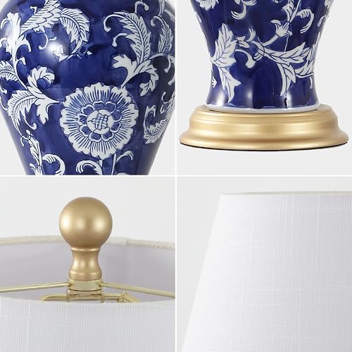 JONATHAN Y 24" Navy/White French Country Ceramic Floral Urn Table Lamp, White Linen Shade, Chinoiserie Ginger Jar Bedside Lamp for Living Room Bedroom, LED Bulb (JYL3009E) - color: Navy/White