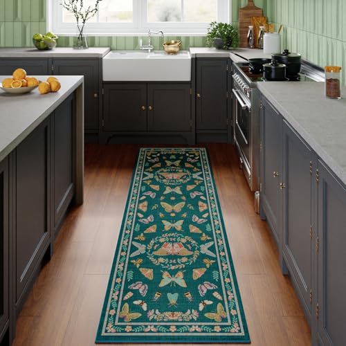 Unirea 2x6 Dark Blue Runner Rug, Washable Non Slip Insect Botanical Rug for Hallway, Kitchen, Bathroom, Laundry Room, Entryway, Bedroom, Soft Boho Door Mat Indoor Entrance Bug Rugs, Low Pile Carpet - color: Dark Blue, size: 2'x6'