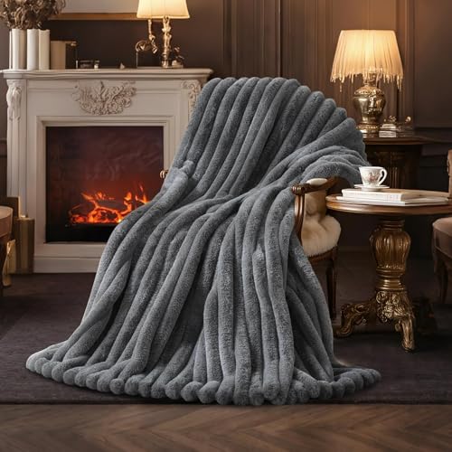 Amélie Home Faux Fur Throw Blanket for Couch, Ultra Cozy Fuzzy Fluffy Fur Luxurious Soft Striped Plush Gift Blankets for Family Sofa Chair Bedroom, 55"x70", Cationic Wolf Gray - color: Cationic Wolf Gray, size: Throw(55"x70")