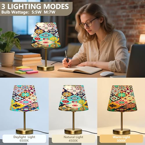 Kigai Ethnic Bohemian Style Table Lamp for Living Room Bedroom, Bedside Table Lamp Nightstand in 3 Lighting Modes with Fabric Shade & Bronze Base, M - size: M - 7.9x12.6 in