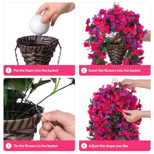 Bougainvillea Artificial Hanging Fake Flowers with Basket for Outdoors Decoration, Faux Silk Flowers UV Resistant Fake Plants Long Vines Realistic for Outside Front Door Porch Patio, Fuchsia Hotpink - color: Fuchsia Hotpink