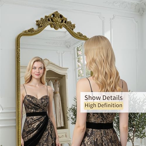 71"x32"Arched Full Length Floor Mirror, Gold Traditional Ornate Antique Carved Garland Frame Body Hanging Leaning,Full Body Mirrors for Home Decor Shatter-proof Nano Glass Wall Living Room Cloakroom - color: Elegant Gold