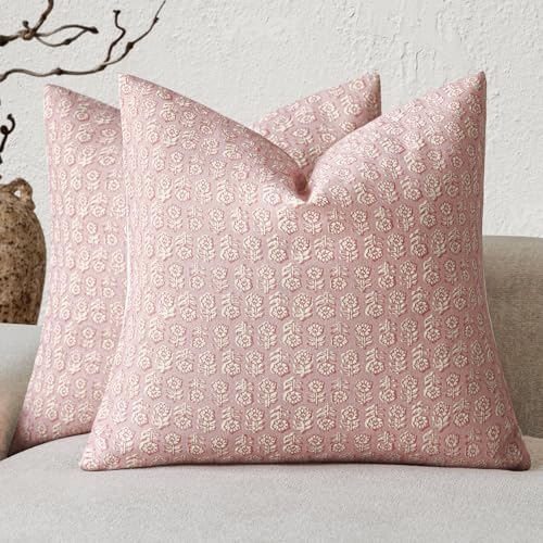 Foindtower Set of 2 Decorative Neutral Floral Print Throw Pillow Covers Vintage Accent Farmhouse Cushion Covers Boho Home Decor for Sofa Chair Couch Bedroom Living Room Outdoor,18×18 Inch,Light Pink - color: Light Pink, size: 18" x 18" (Pack of 2)