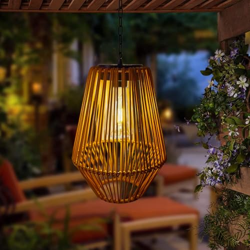 Livinlarge Rattan Solar Lantern Waterproof,Hanging Chandelier Lights Patio Porch Garden Farmhouse Decoration Rustic Handmade Outdoor Wicker Pendant Lamps - style: Rattan Pendant Lights-3