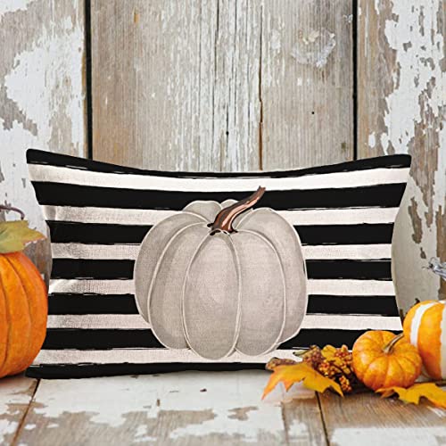 Fall Decor Grey Pumpkin Throw Pillow Covers 12x20 Inch White Black Stripes with Pumpkins Seasonal Autumn Harvest Thanksgiving Halloween Farmhouse Decoration Pillow Cases Cotton Linen - color: Grey Pumpkin Black Stripes