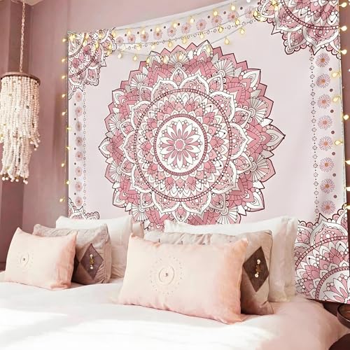 Atrippy Boho Pink Mandala Wall Tapestry for Bedroom, White and Pink Aesthetic Tapestry Room Decor for Teen Girls, Art Floral Wall Hanging for College Dorm (51''x60'') - color: A Pink Mandala Tapestry, size: 60"L x 51"W