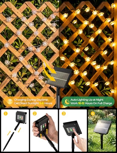 Brightown 50 LED Warm White Solar Flower String Lights Outdoor, IP65 Waterproof Fairy Lights, 8 Modes Solar Christmas Lights Outdoor for Garden Fence Yard Lawn Tree Wedding Party - color: Warm White, size: 1 Pack