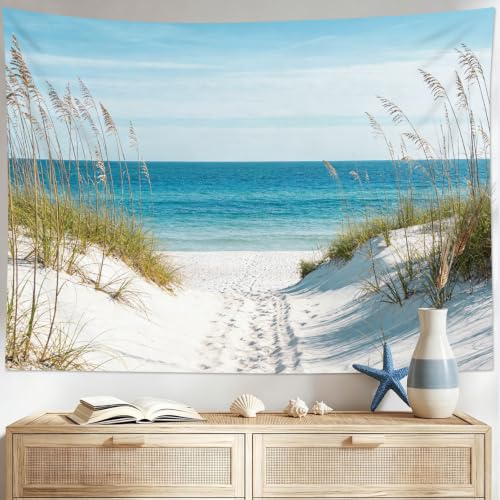 SCECALA Blue Beach Tapestry, Ocean Sea Beachy, 60x40 Inch | Summer Coastal Wall Art, Nature Seacape Landscape, Wall Hanging, For Bedroom Living Room College Dorm - color: Blue White, size: 40"L x 60"W
