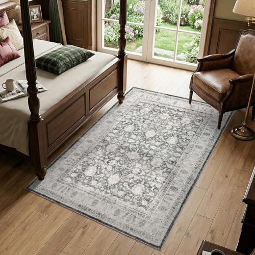 jinchan 4x6 Washable Vintage Area Rug, Distressed Traditional Floral Dining Room Rug, Soft Low-Pile Non-Slip Floor Mat for Bedroom Nursery Home Office Living Room, Grey - color: Oriental Grey, size: 4' x 6' (Rectangular)