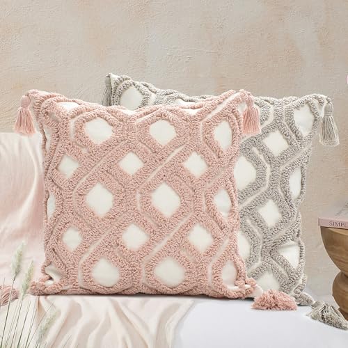 Boho Pillow Covers 18X18 Inch Boho Tufted Throw Pillow Covers Decorative Tassels Cushion Cover Farmhouse Pillow Case for Couch Sofa Bed Living Room Bedroom, Taupe - color: Boho Taupe, size: 18" x 18" (Pack of 1)