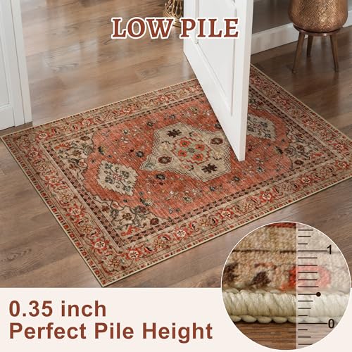 Boho Small Area Rug, 2x3 Washable Rug for Entryway, Vintage Throw Rug Oriental Non Slip Indoor Front Door, Distressed Terracotta Door Mat Carpet, Soft Low Pile Rugs for Entrance Kitchen Bedroom - color: Terracotta/Tan, size: 2' X 3' (Rectangular)