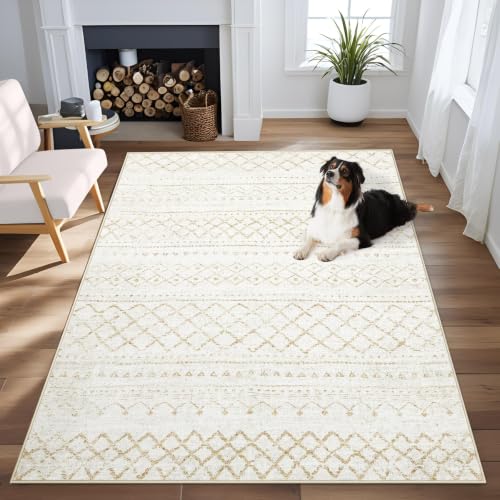 Area Rug 3x5 Geometric Rug: Washable Boho Moroccan Rugs Soft Farmhouse Rug, Modern Neutral Stain Resistant Indoor Floor Carpet for Livingroom Bedroom Dining Table Nursery(Beige,3X5) - color: Beige, size: 3' X 5' (Rectangular)